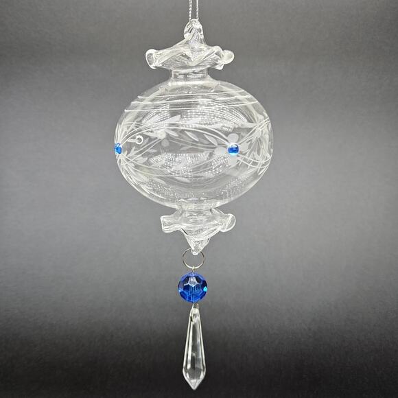 Hand Blown Glass Ornament Etched Floral Design Crystal Accents Hanging Decor - Picture 4 of 7